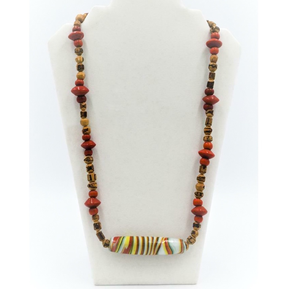 Vintage 70's Tubular Glass & Natural Wood Beaded Necklace 26" Long